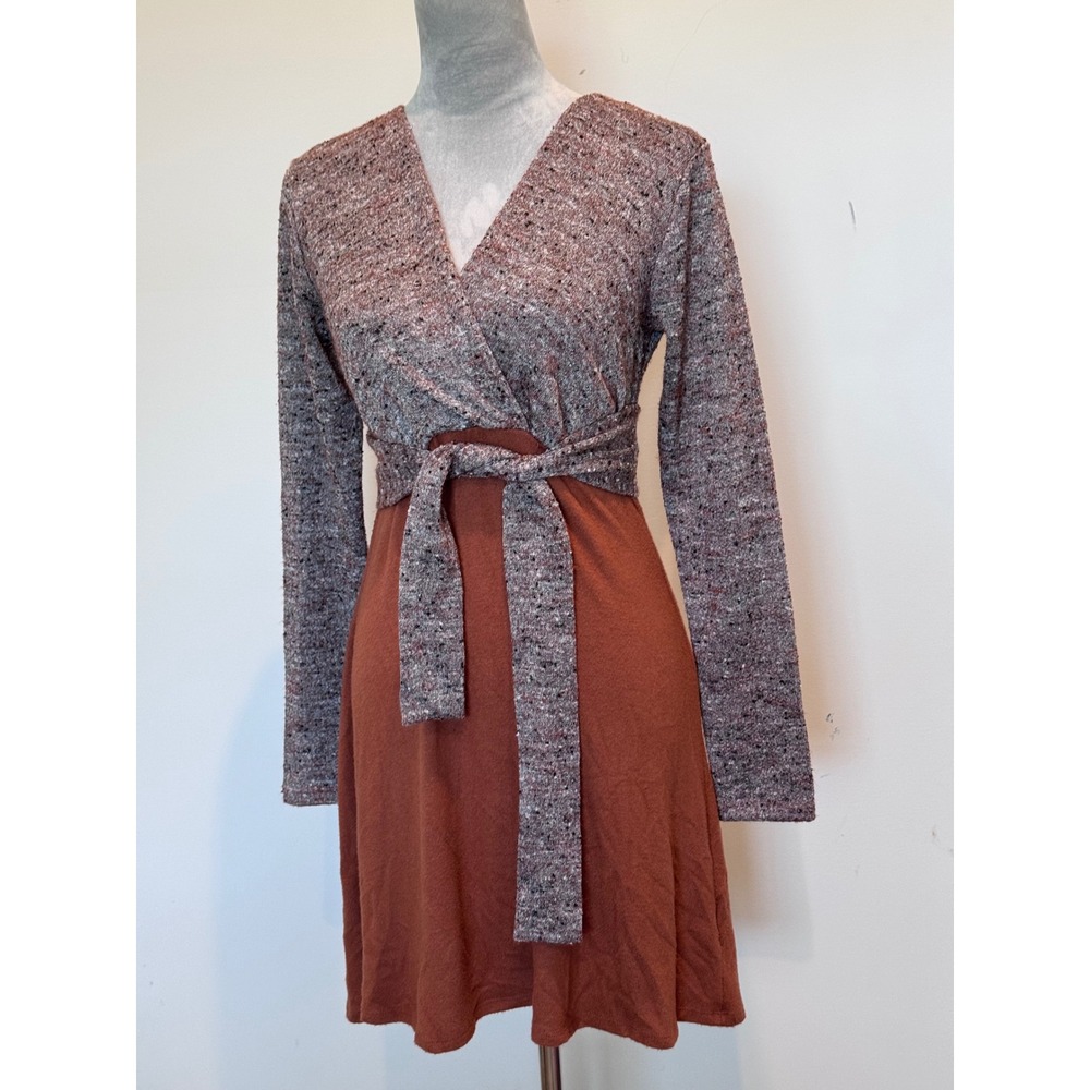 Amadi anthropology Womens Rust Orange Wrap Tie Long Sleeve Mini Dress Small USA